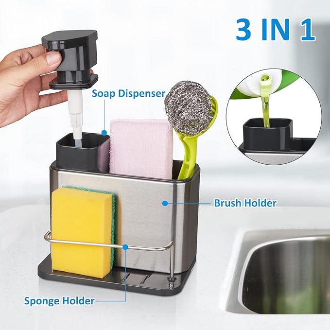 Soap Dispenser for Kitchen Sink, 3-in-1 Sponge Holder for Kitchen Sink Caddy