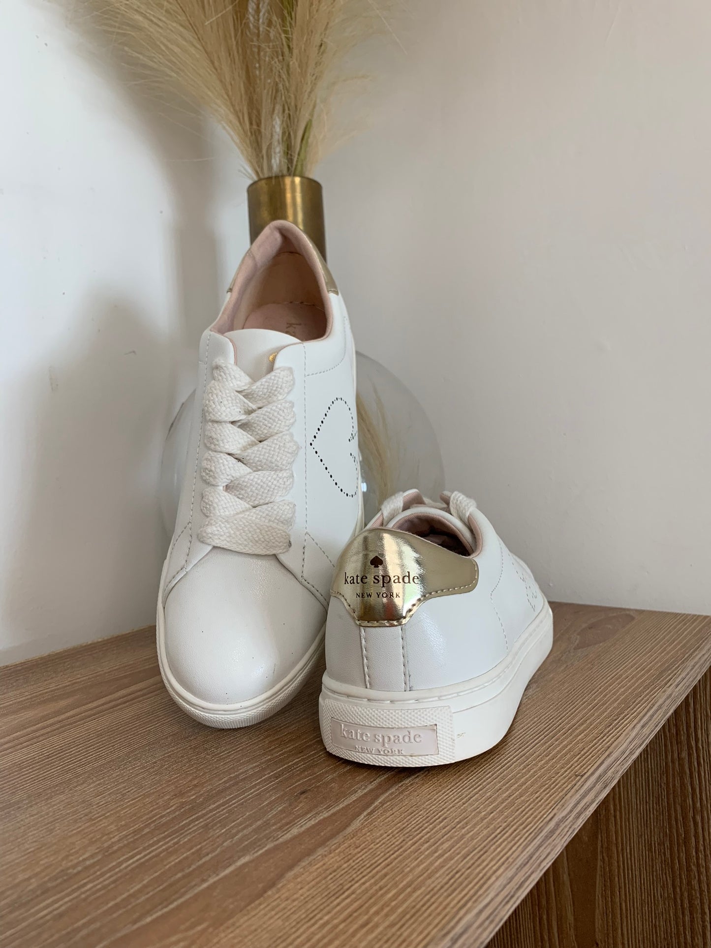 Kate Spade New York Angelise White Leather Gold Sneakers Shoes Women's