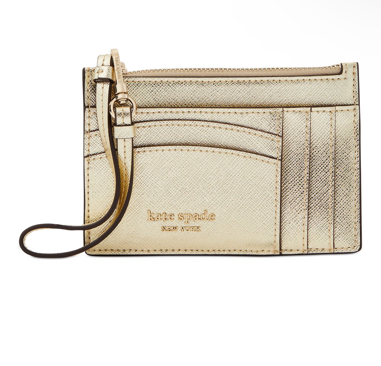 Tarjetero con ventana para identificación y pulsera de Kate Spade en dorado metalizado