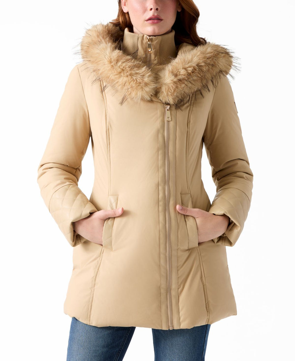 Abrigo acolchado Guess – Pleather-Sleeve Faux-Fur Hooded Puffer Coat
