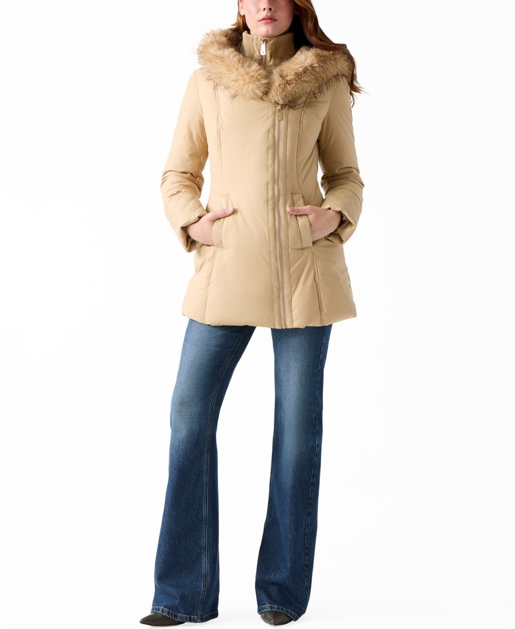 Abrigo acolchado Guess – Pleather-Sleeve Faux-Fur Hooded Puffer Coat