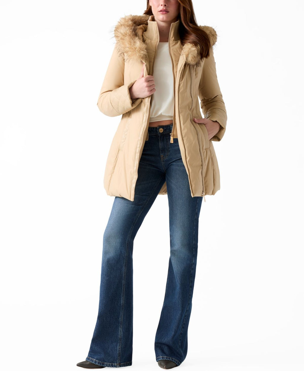 Abrigo acolchado Guess – Pleather-Sleeve Faux-Fur Hooded Puffer Coat