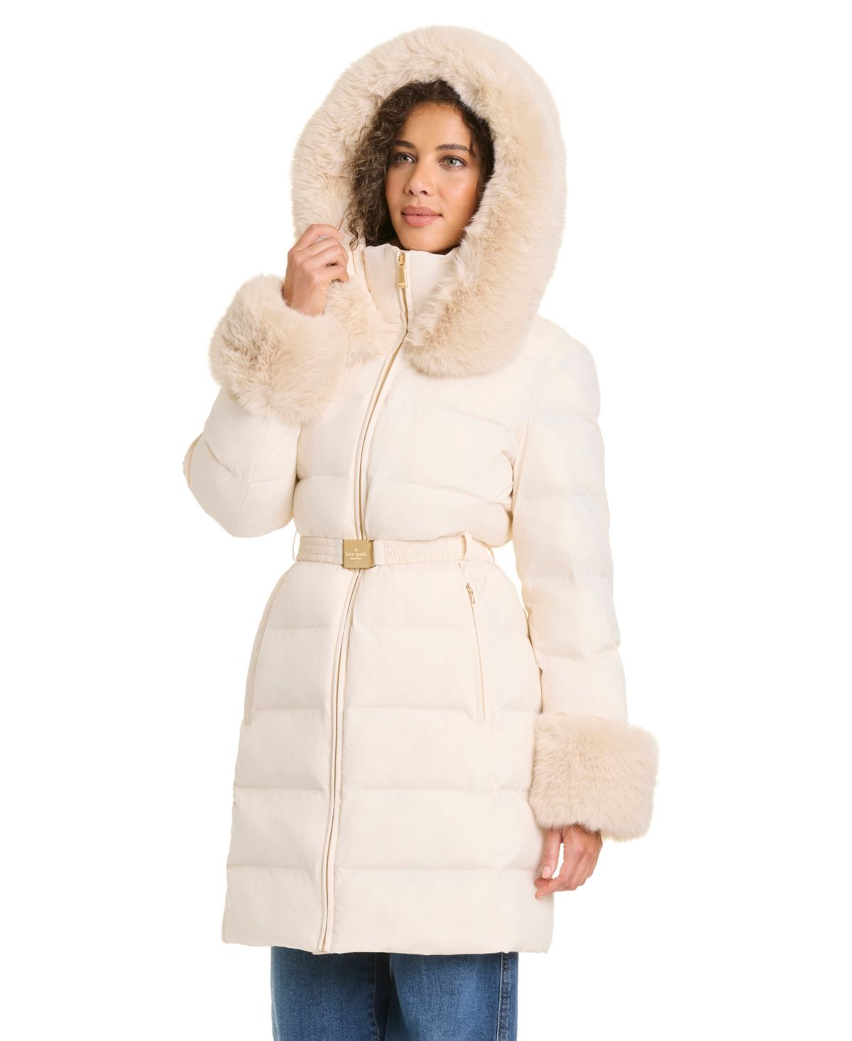 Abrigo acolchado Kate Spade – Faux-Fur Arm Cuff Hooded Puffer Coat