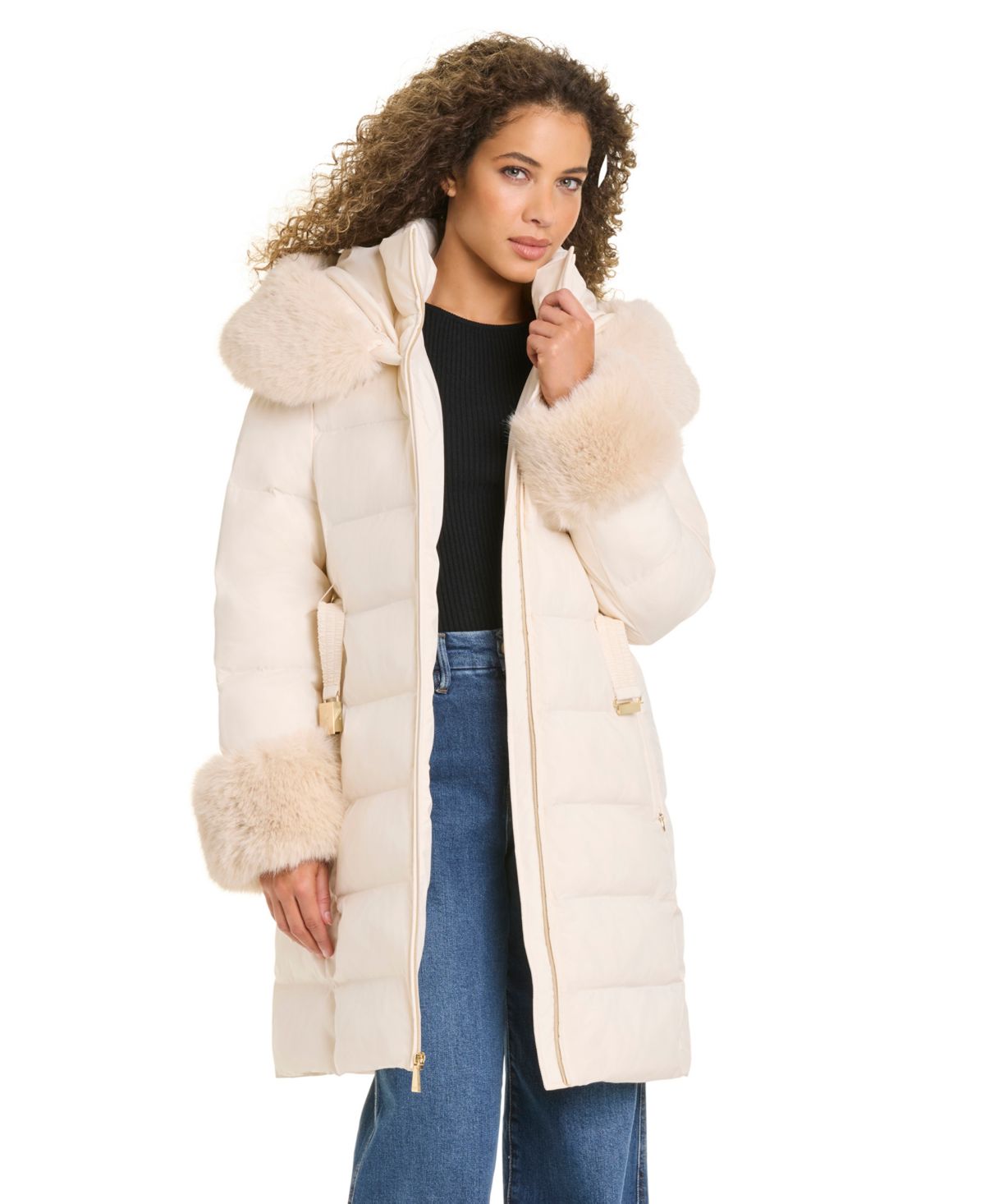 Abrigo acolchado Kate Spade – Faux-Fur Arm Cuff Hooded Puffer Coat
