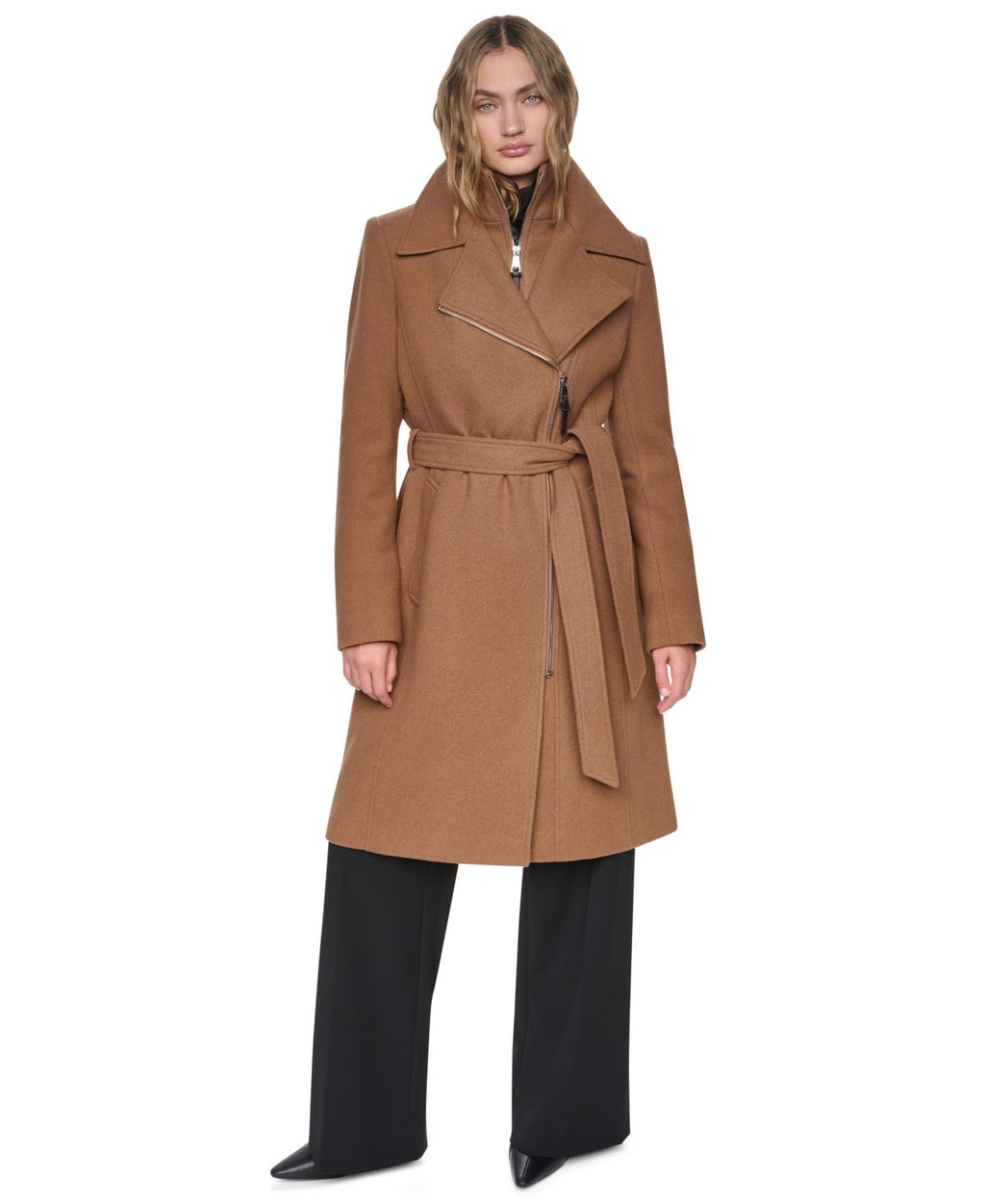 Abrigo DKNY – Faux-Leather Trimmed Asymmetrical Wrap Coat