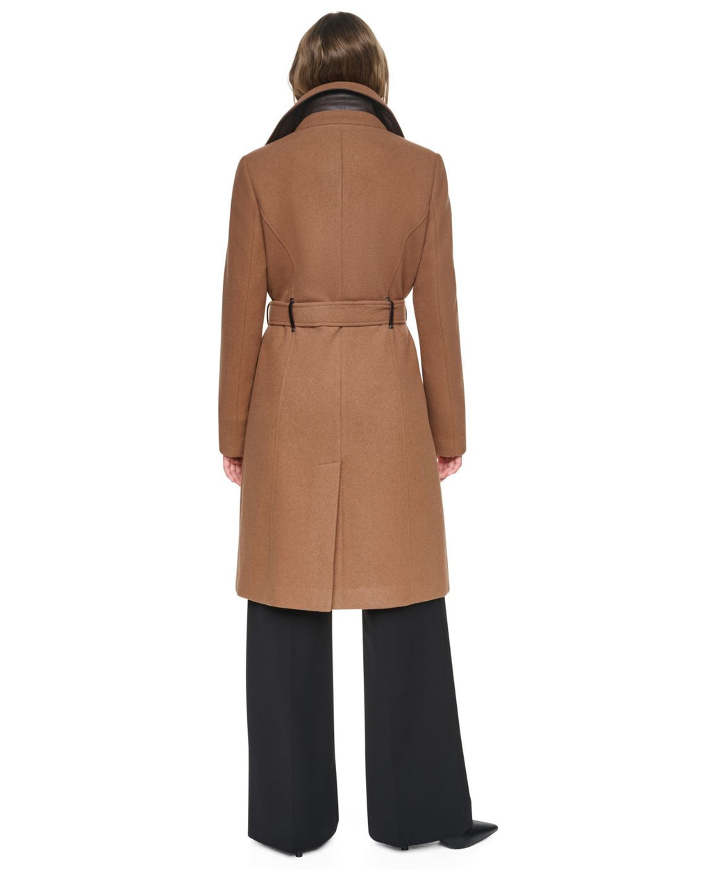Abrigo DKNY – Faux-Leather Trimmed Asymmetrical Wrap Coat
