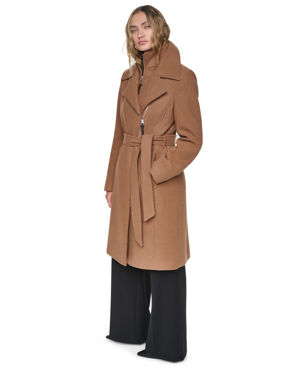 Abrigo DKNY – Faux-Leather Trimmed Asymmetrical Wrap Coat