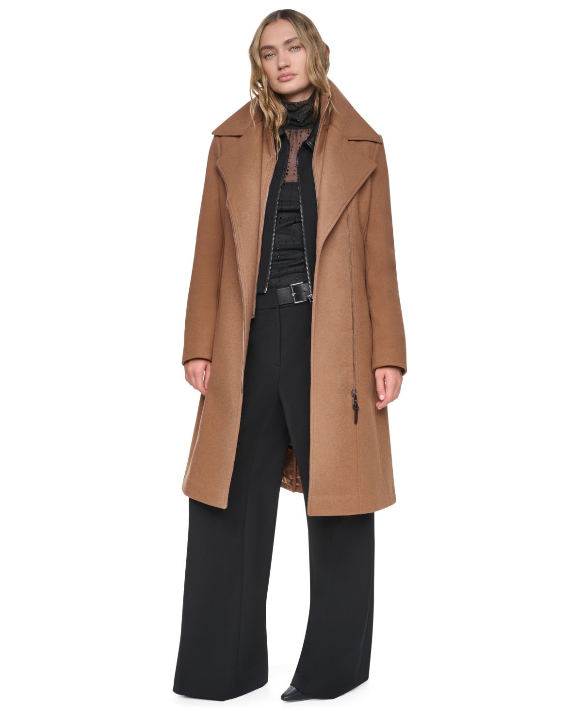 Abrigo DKNY – Faux-Leather Trimmed Asymmetrical Wrap Coat