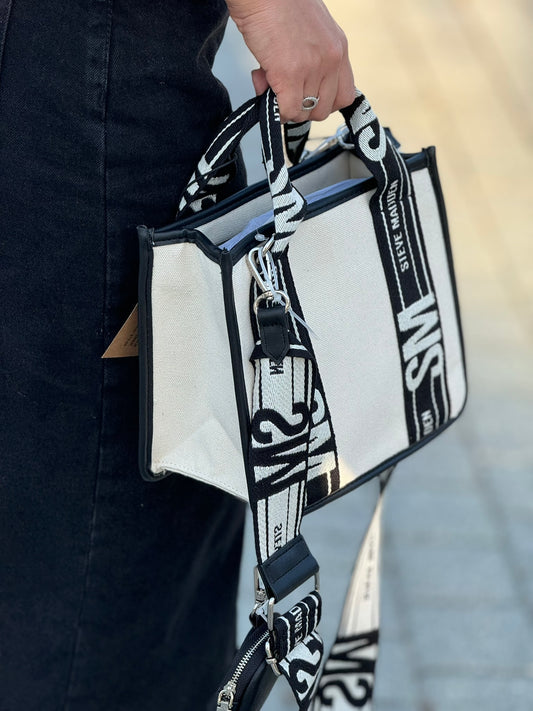 STEVE MADDEN BWebber Black/Cream Canvas LOGO CROSSBODY Tote BAG