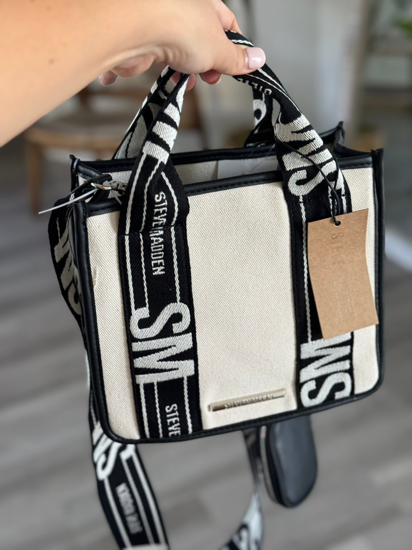 STEVE MADDEN BWebber Black/Cream Canvas LOGO CROSSBODY Tote BAG