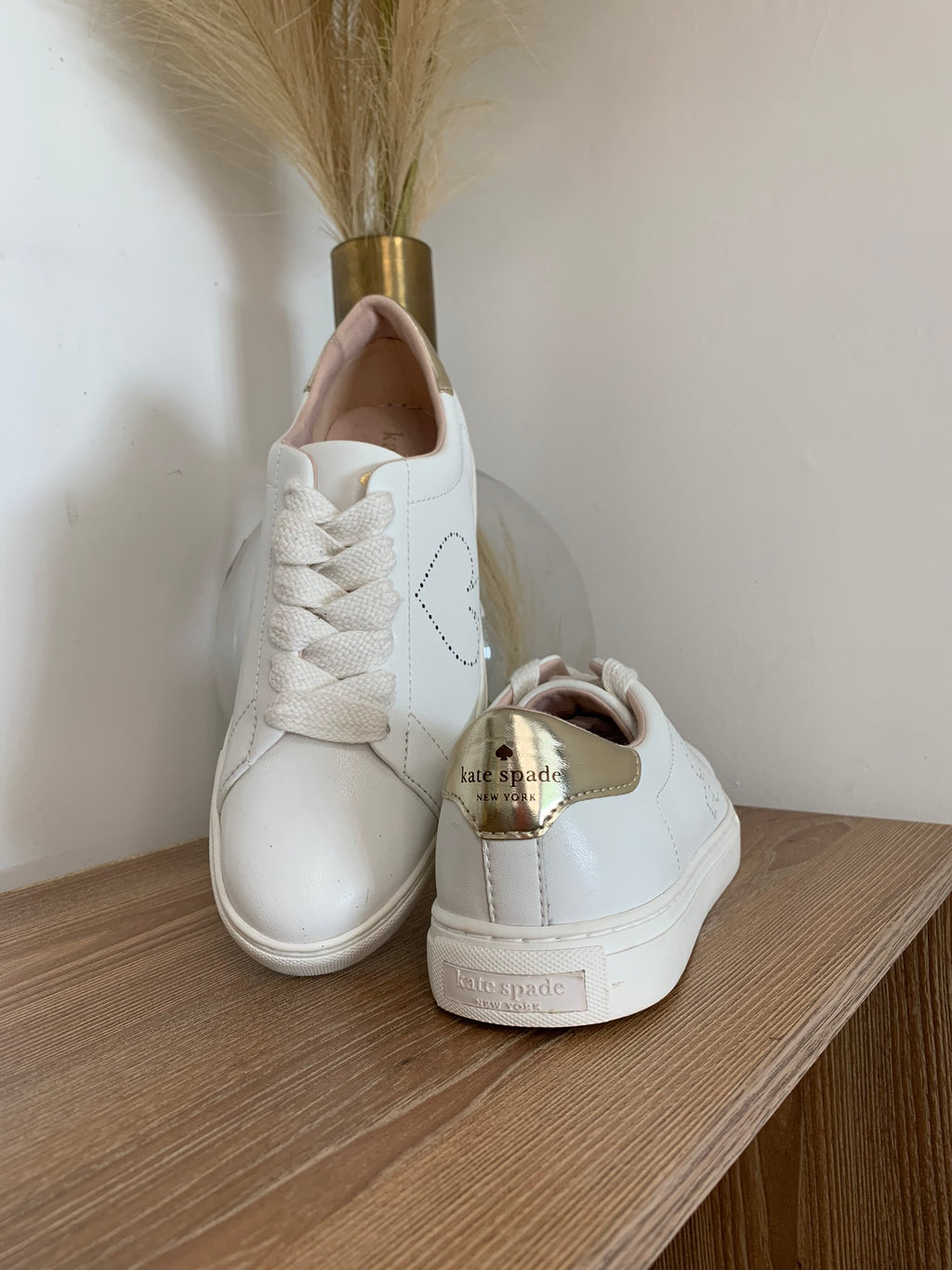 Kate Spade New York Angelise White Leather Gold Sneakers Shoes Women's