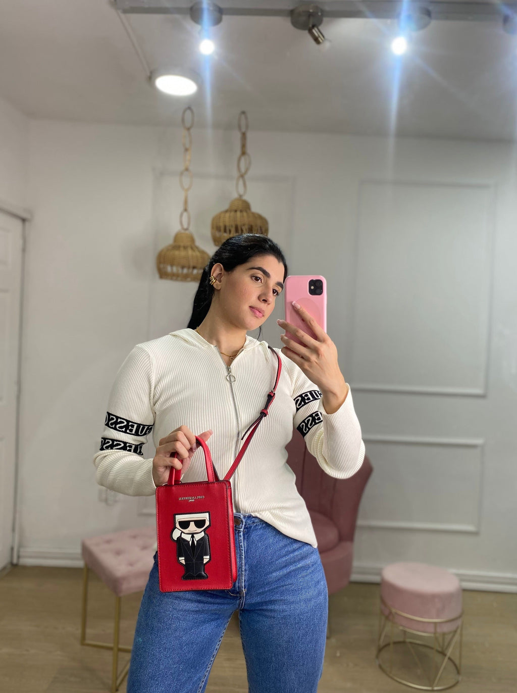 Sudadera con capucha Guess beige con cierre deslizante