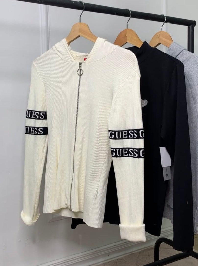 Sudadera con capucha Guess beige con cierre deslizante