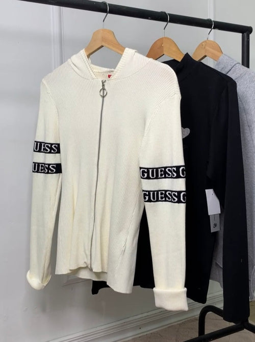 Sudadera con capucha Guess beige con cierre deslizante