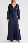Vestido largo DKNY – Sequin Long Sleeve Empire Waist Gown
