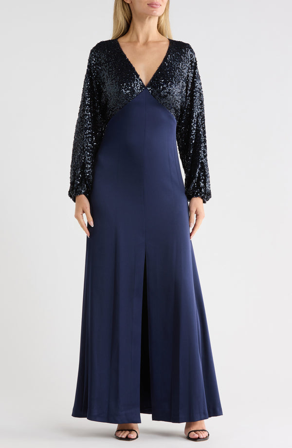 Vestido largo DKNY – Sequin Long Sleeve Empire Waist Gown