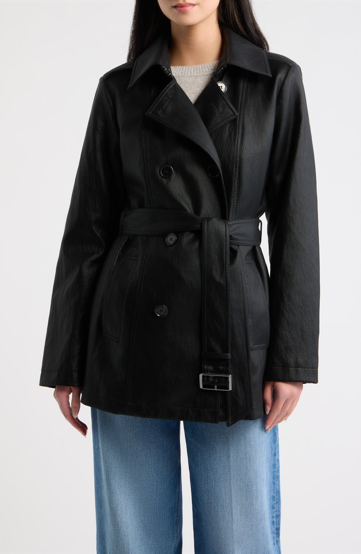 Gabardina Michael Kors – Faux Leather Double Breasted Trench Coat